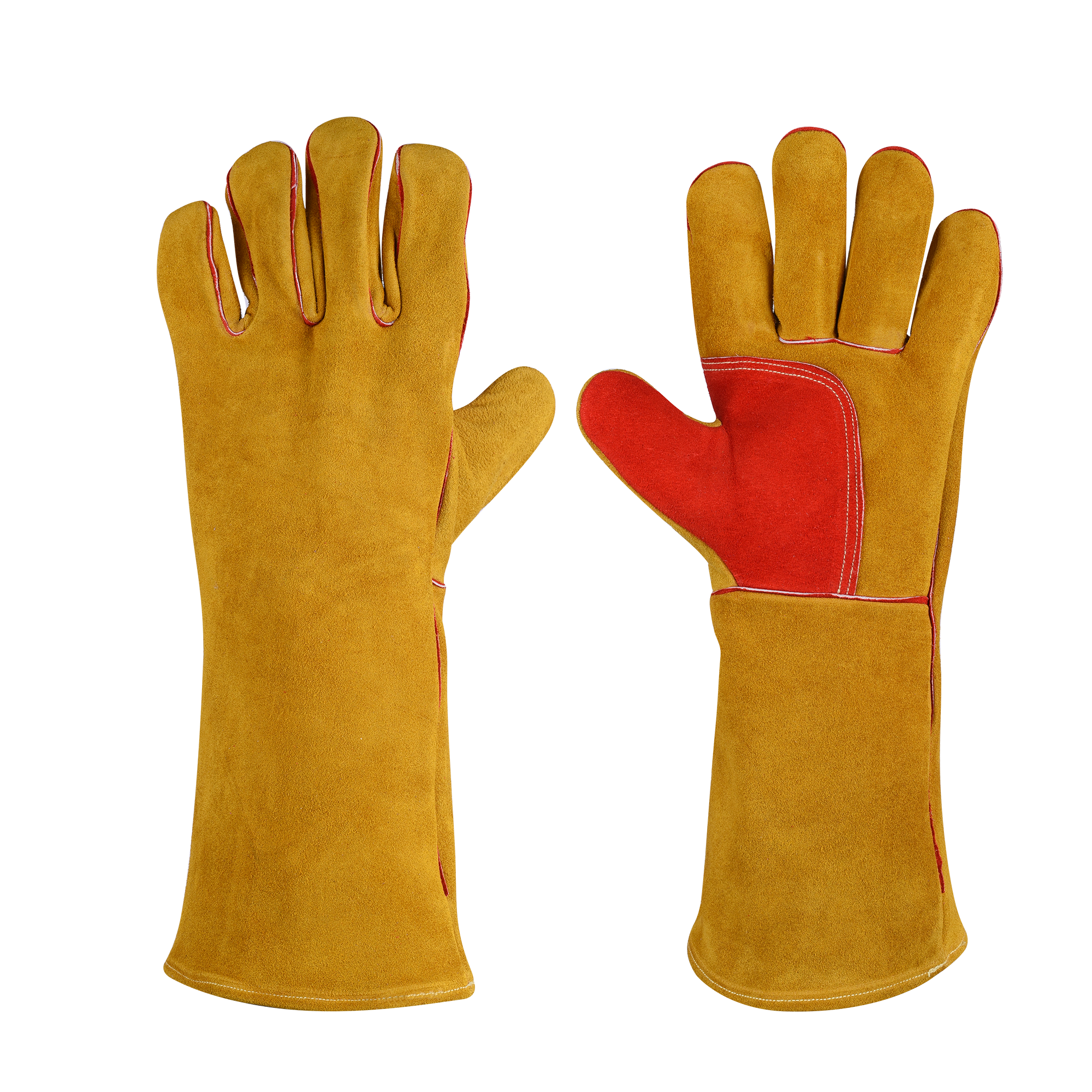 High quality cowhide split leather double palm stick welding gloves large size 16 inch long, sewed with kevlar thread